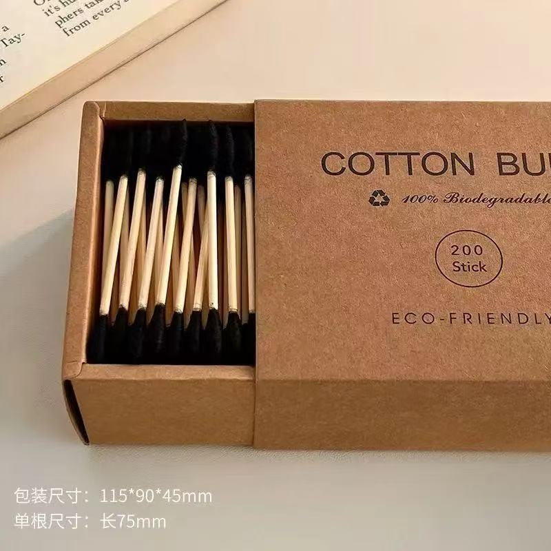 Eco-friendly bamboo and wood ~ 200-pack of disposable double-ended cotton swabs in a kraft paper box for cleansing and makeup removal.