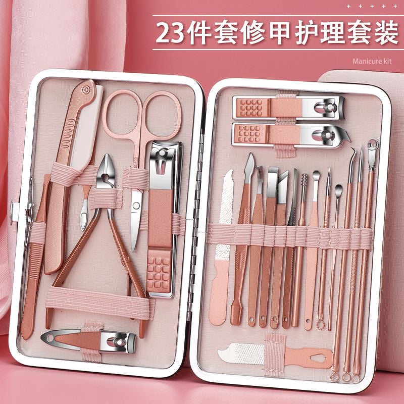 Nail clipper set, complete set of nail clippers, cuticle nippers, nail groove trimmers, blackhead remover, ear pick, and pedicure tools.