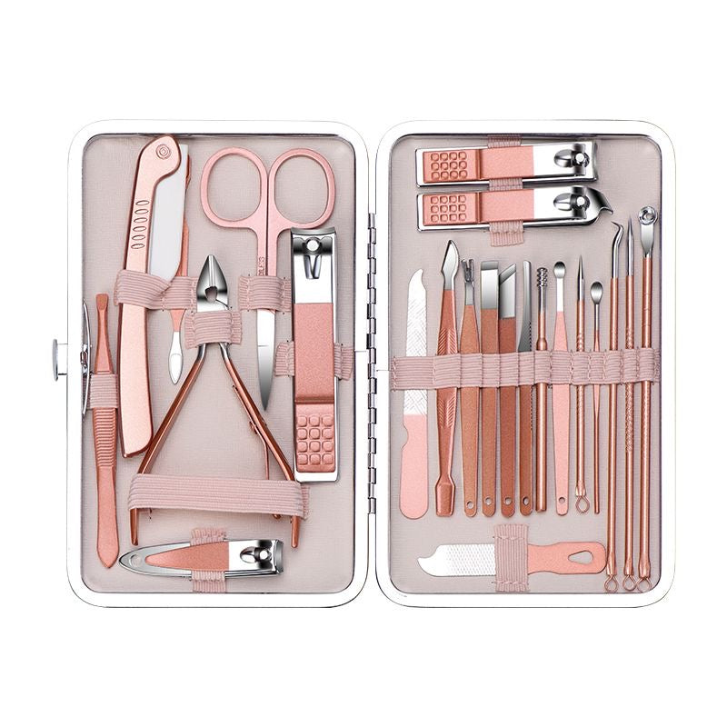 Nail clipper set, complete set of nail clippers, cuticle nippers, nail groove trimmers, blackhead remover, ear pick, and pedicure tools.