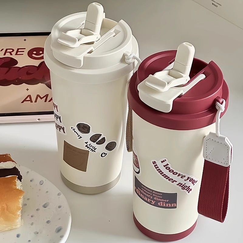 Large capacity 316 stainless steel insulated water bottle, stylish and portable, perfect for students, with a simple straw.