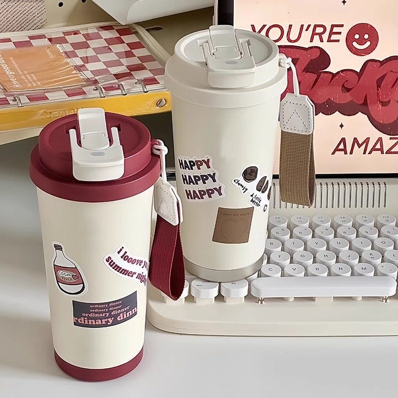 Large capacity 316 stainless steel insulated water bottle, stylish and portable, perfect for students, with a simple straw.