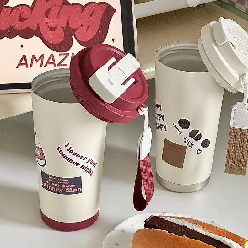 Large capacity 316 stainless steel insulated water bottle, stylish and portable, perfect for students, with a simple straw.