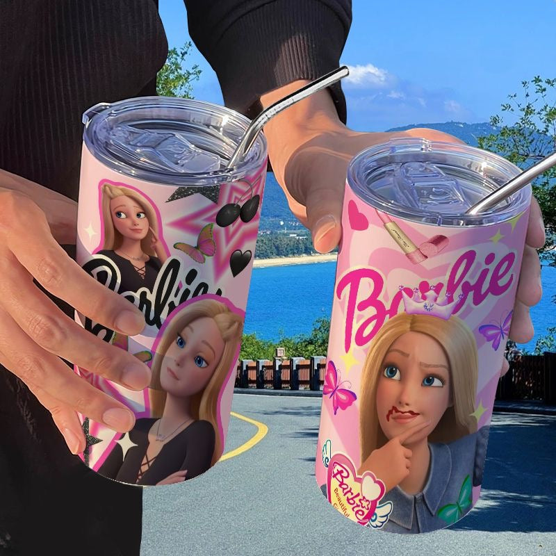 Barbie Princess Series Insulated Water Bottle with Straw, Portable Coffee Mug, High-Value, Instagram-worthy Student Water Bottle