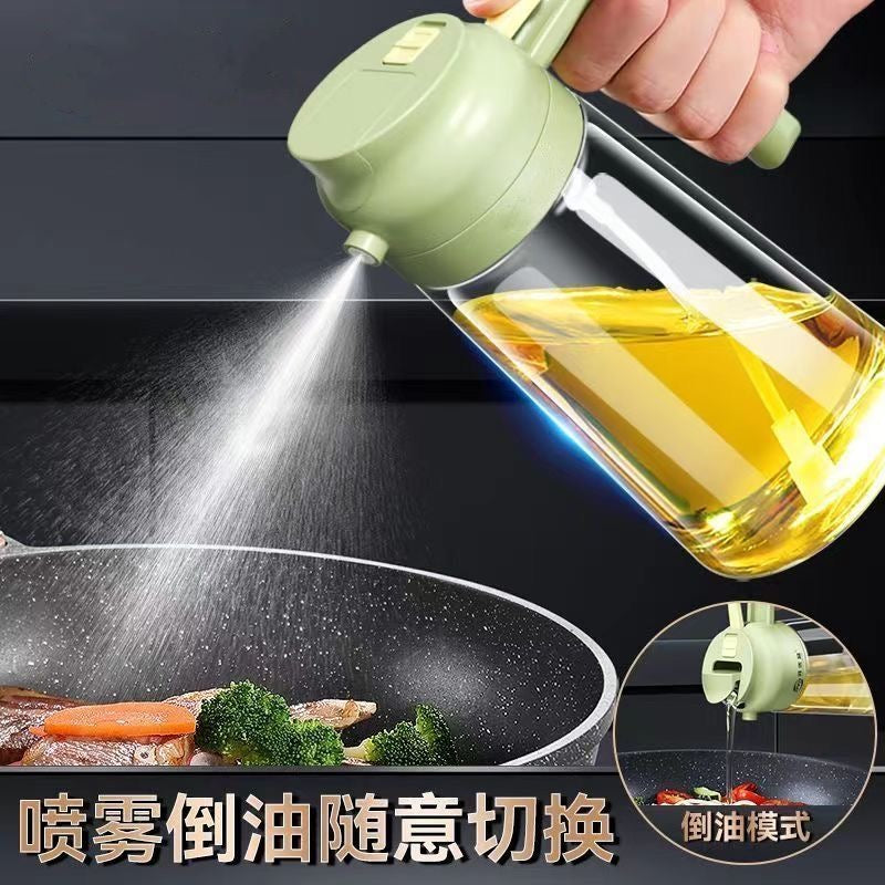 This is a dual-purpose (spray and pour) edible oil spray bottle for home kitchens, made of glass and is a high-end spray bottle.