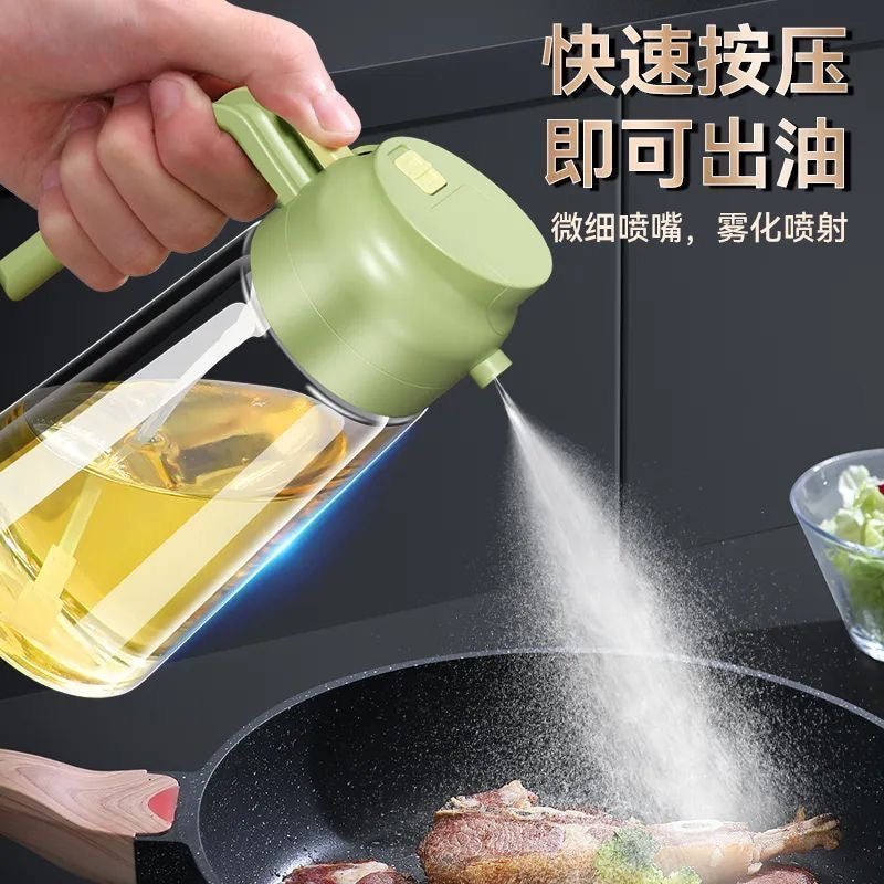 This is a dual-purpose (spray and pour) edible oil spray bottle for home kitchens, made of glass and is a high-end spray bottle.