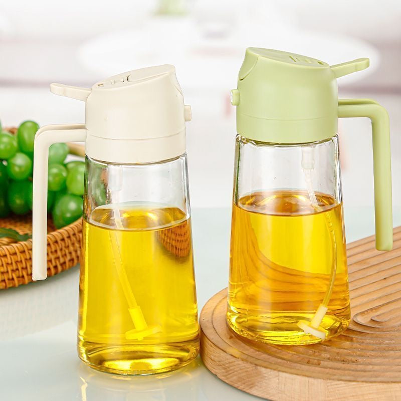 This is a dual-purpose (spray and pour) edible oil spray bottle for home kitchens, made of glass and is a high-end spray bottle.