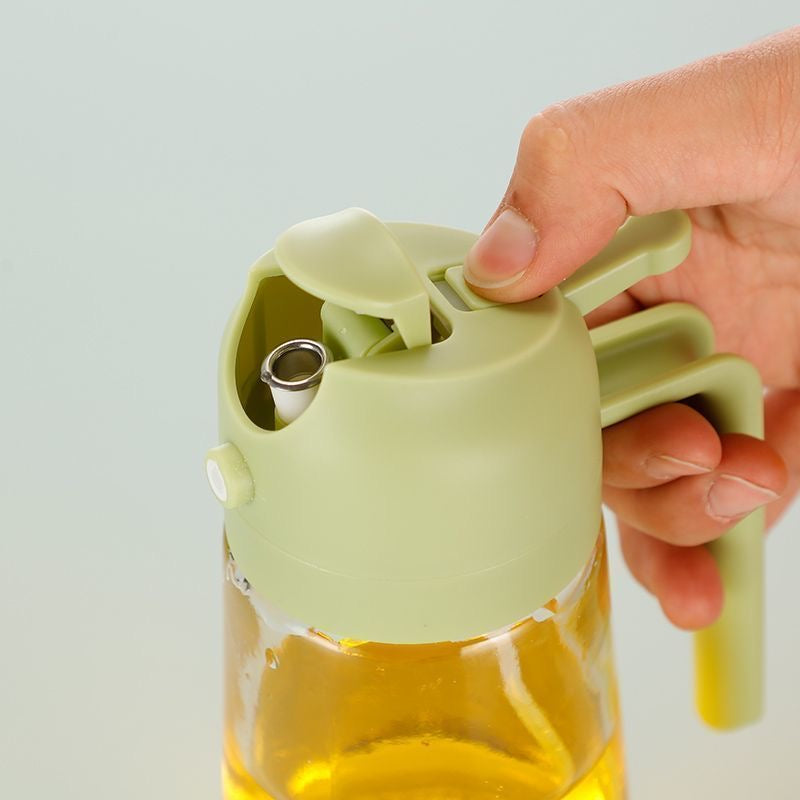 This is a dual-purpose (spray and pour) edible oil spray bottle for home kitchens, made of glass and is a high-end spray bottle.