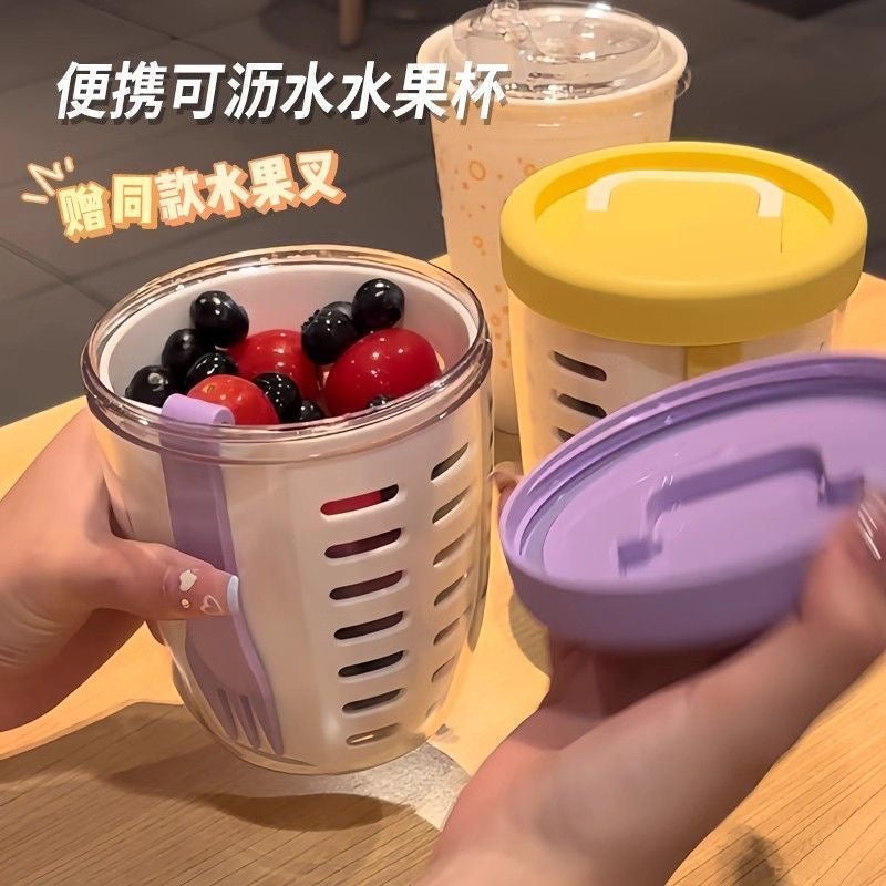 [Fresh and Delicious] Portable Fruit Cup with Draining and Fork, Perfect for Breakfast, Salad, Picnic, or Milk