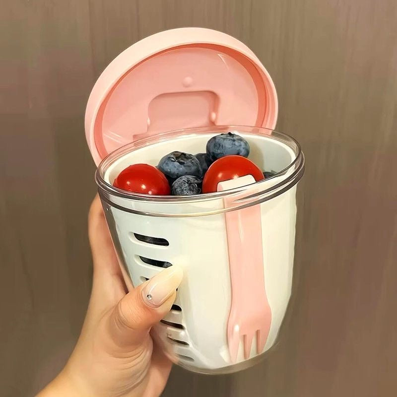 [Fresh and Delicious] Portable Fruit Cup with Draining and Fork, Perfect for Breakfast, Salad, Picnic, or Milk