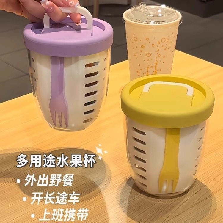 [Fresh and Delicious] Portable Fruit Cup with Draining and Fork, Perfect for Breakfast, Salad, Picnic, or Milk