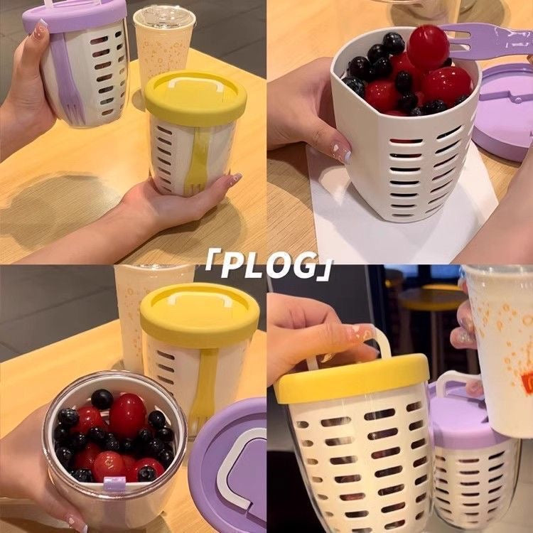 [Fresh and Delicious] Portable Fruit Cup with Draining and Fork, Perfect for Breakfast, Salad, Picnic, or Milk