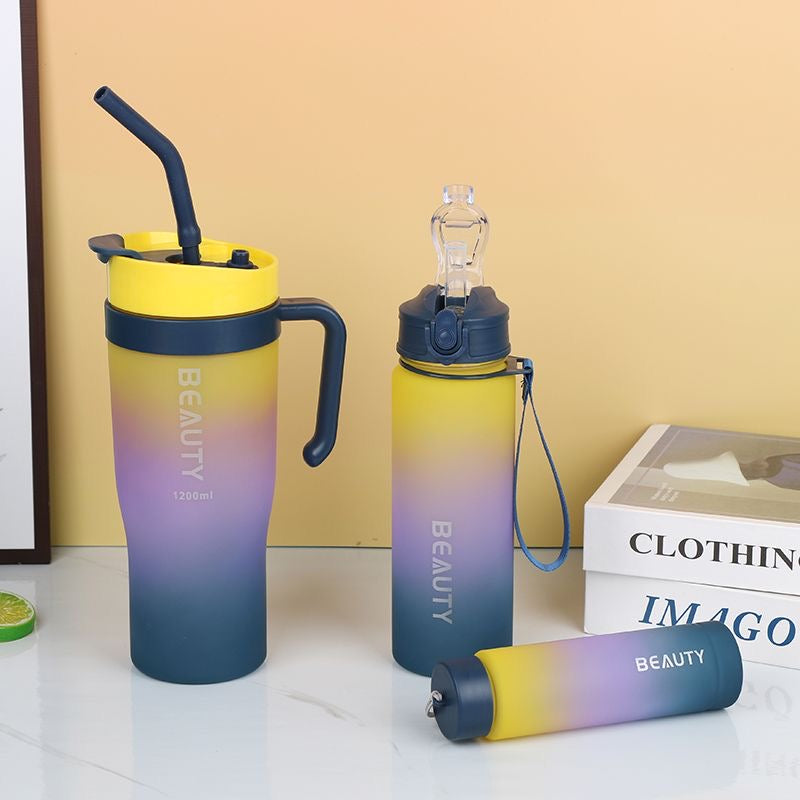 New straw cup, large capacity, dual-drink, stylish gradient color, portable handle, plastic water bottle, car cup