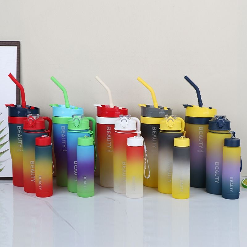 New straw cup, large capacity, dual-drink, stylish gradient color, portable handle, plastic water bottle, car cup