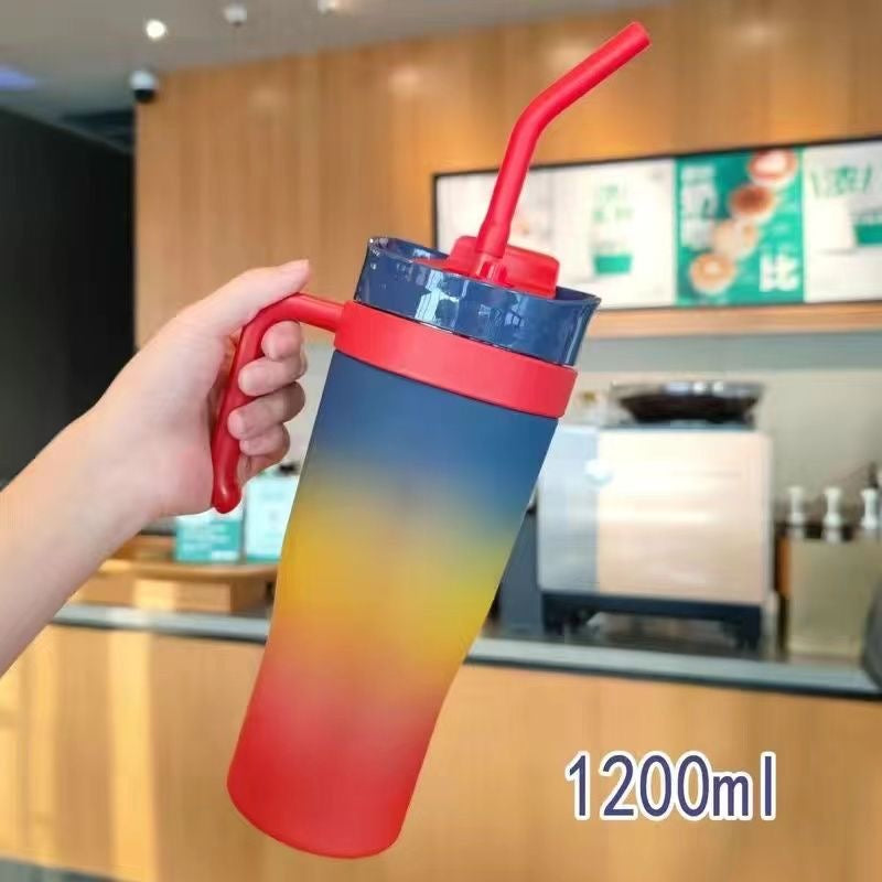 New straw cup, large capacity, dual-drink, stylish gradient color, portable handle, plastic water bottle, car cup