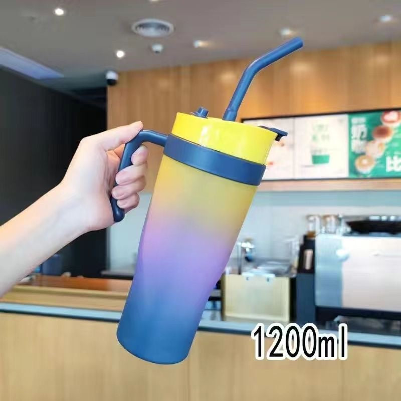 New straw cup, large capacity, dual-drink, stylish gradient color, portable handle, plastic water bottle, car cup