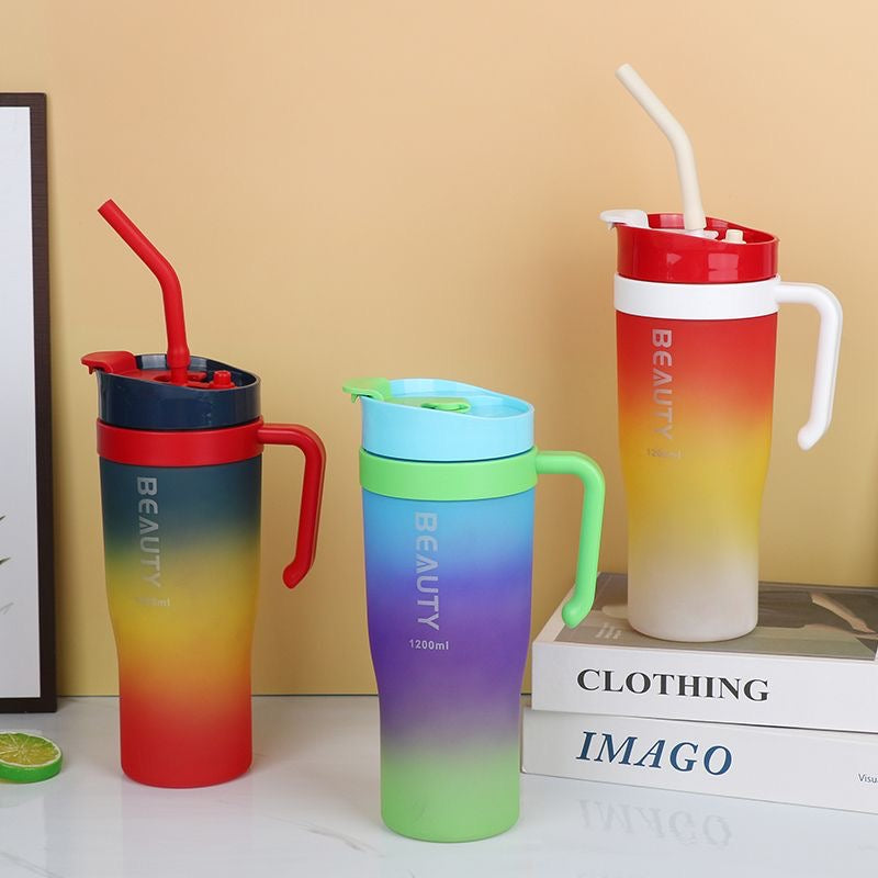 New straw cup, large capacity, dual-drink, stylish gradient color, portable handle, plastic water bottle, car cup