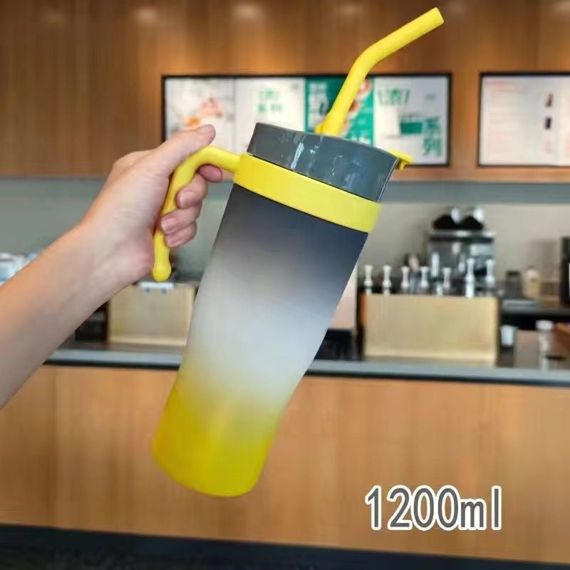 New straw cup, large capacity, dual-drink, stylish gradient color, portable handle, plastic water bottle, car cup