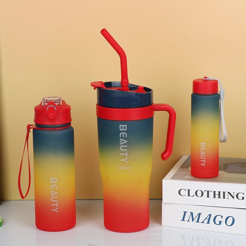 New straw cup, large capacity, dual-drink, stylish gradient color, portable handle, plastic water bottle, car cup