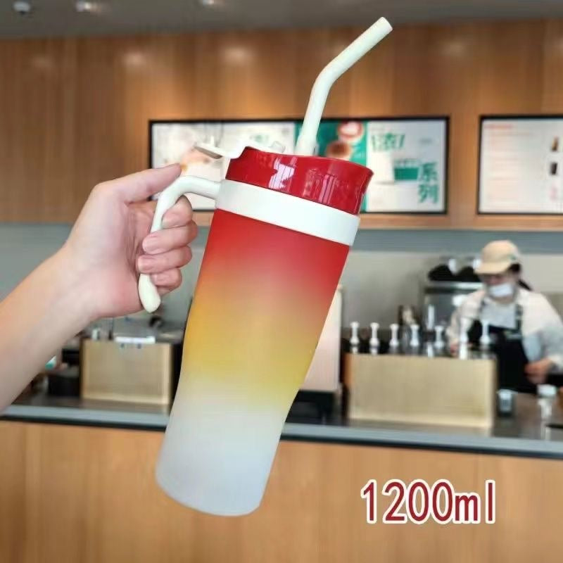New straw cup, large capacity, dual-drink, stylish gradient color, portable handle, plastic water bottle, car cup