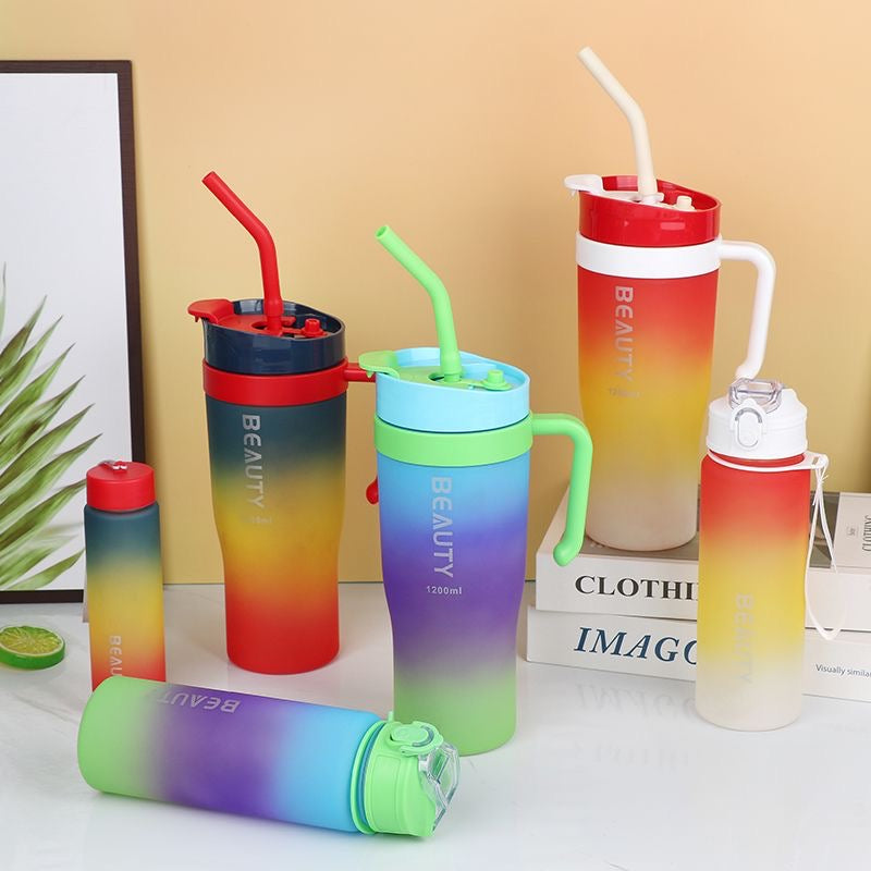 New straw cup, large capacity, dual-drink, stylish gradient color, portable handle, plastic water bottle, car cup