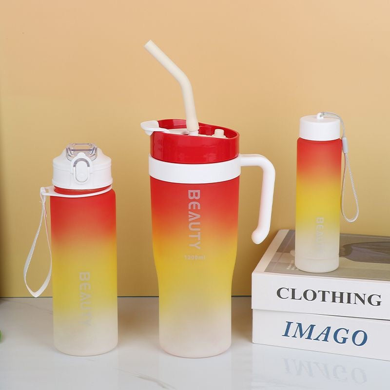 New straw cup, large capacity, dual-drink, stylish gradient color, portable handle, plastic water bottle, car cup