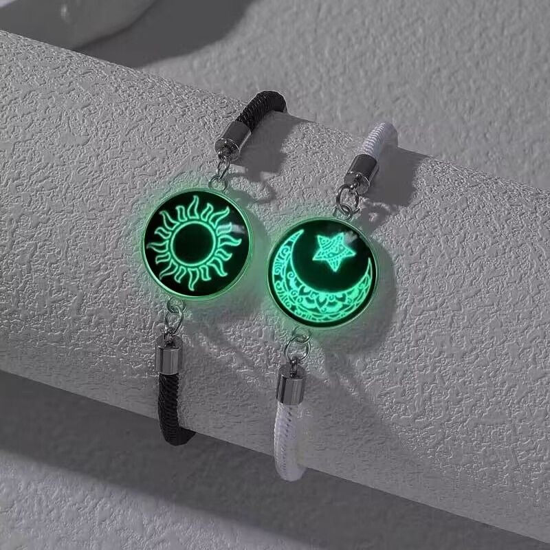 Trendy stainless steel bracelet with sun and moon design, perfect for lovers and friends, woven hand rope, Valentine's Day couple glow-in-the-dark bracelet.