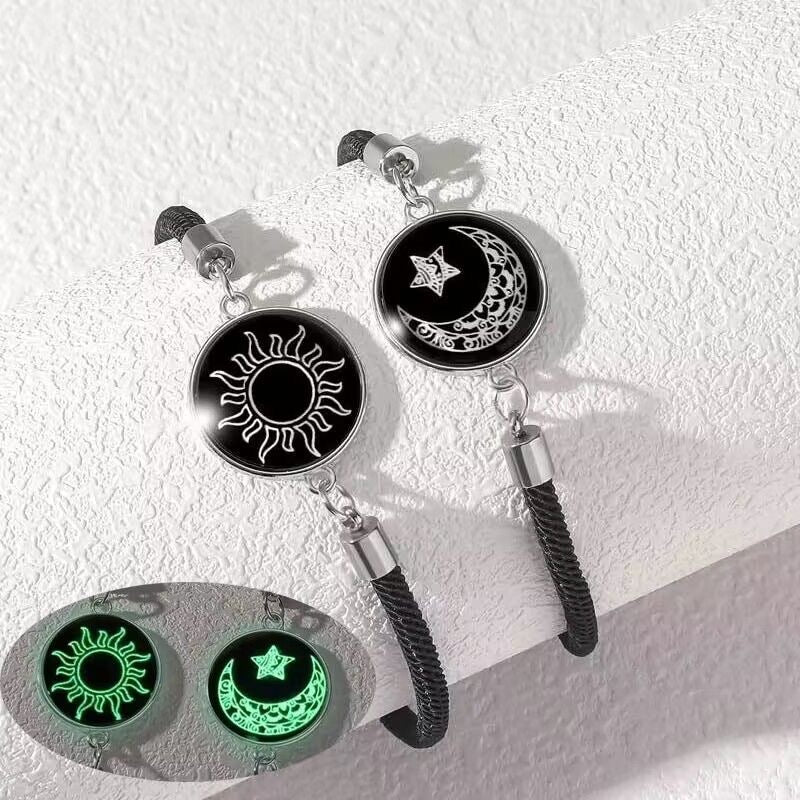 Trendy stainless steel bracelet with sun and moon design, perfect for lovers and friends, woven hand rope, Valentine's Day couple glow-in-the-dark bracelet.