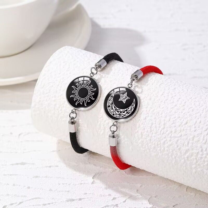 Trendy stainless steel bracelet with sun and moon design, perfect for lovers and friends, woven hand rope, Valentine's Day couple glow-in-the-dark bracelet.
