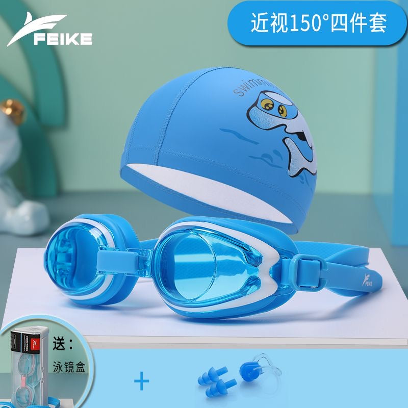 Feike Children's Swimming Goggles, Boys' and Girls' Swimming Goggles, High-Definition Anti-Fog, Prescription Swimming Goggles and Swim Cap Set