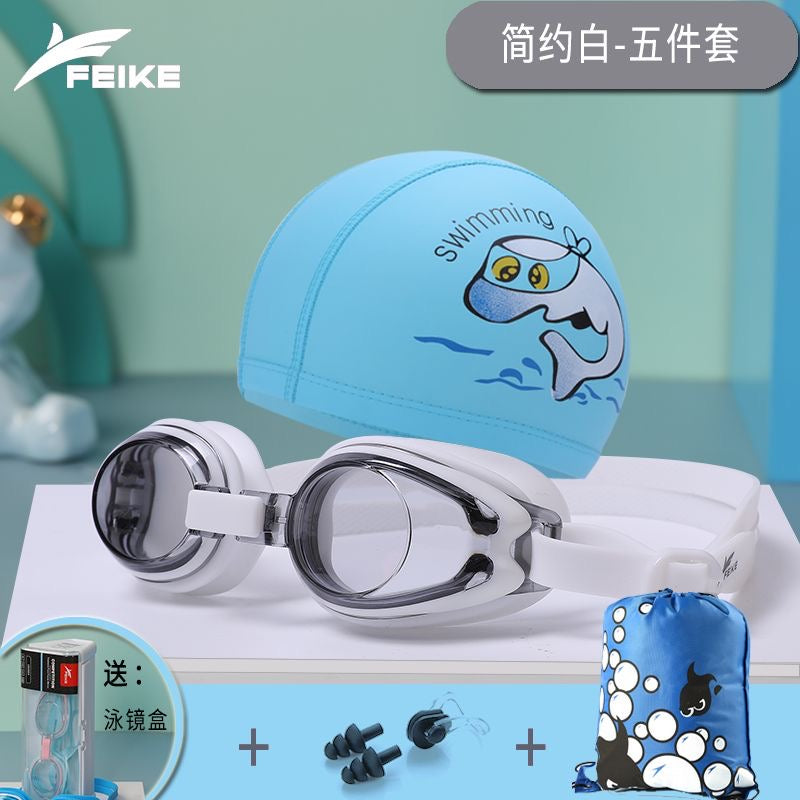 Feike Children's Swimming Goggles, Boys' and Girls' Swimming Goggles, High-Definition Anti-Fog, Prescription Swimming Goggles and Swim Cap Set