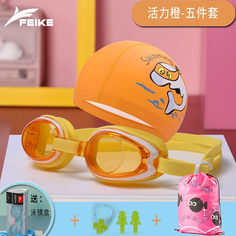 Feike Children's Swimming Goggles, Boys' and Girls' Swimming Goggles, High-Definition Anti-Fog, Prescription Swimming Goggles and Swim Cap Set