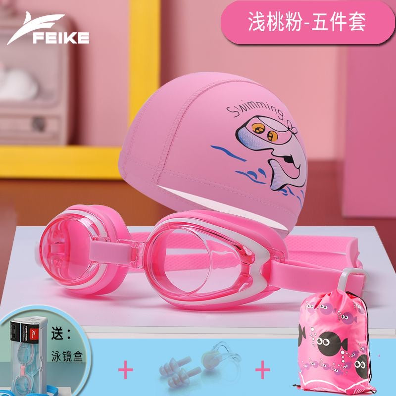 Feike Children's Swimming Goggles, Boys' and Girls' Swimming Goggles, High-Definition Anti-Fog, Prescription Swimming Goggles and Swim Cap Set