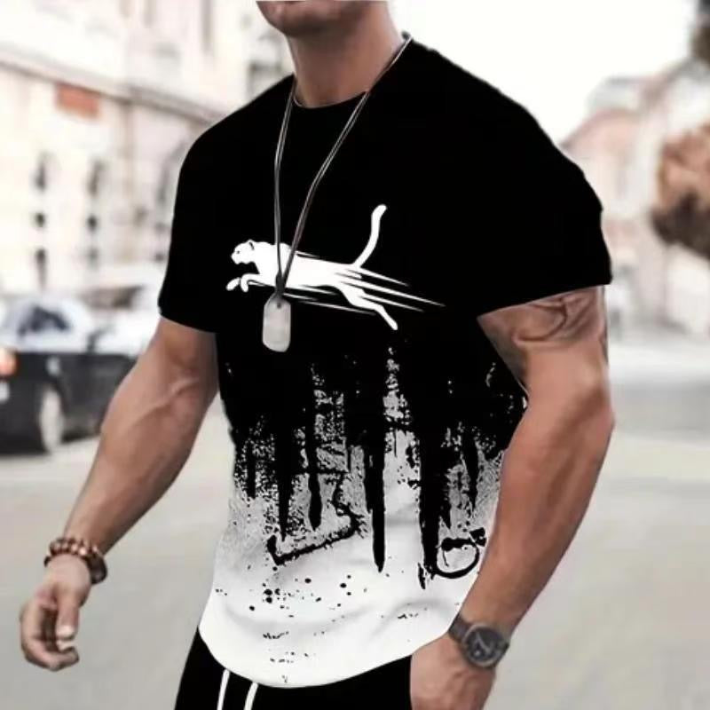 2025 Men's Summer New T-Shirt Casual Print Fashion Short Sleeve Crew Neck Trendy Sports Quick-Drying Top