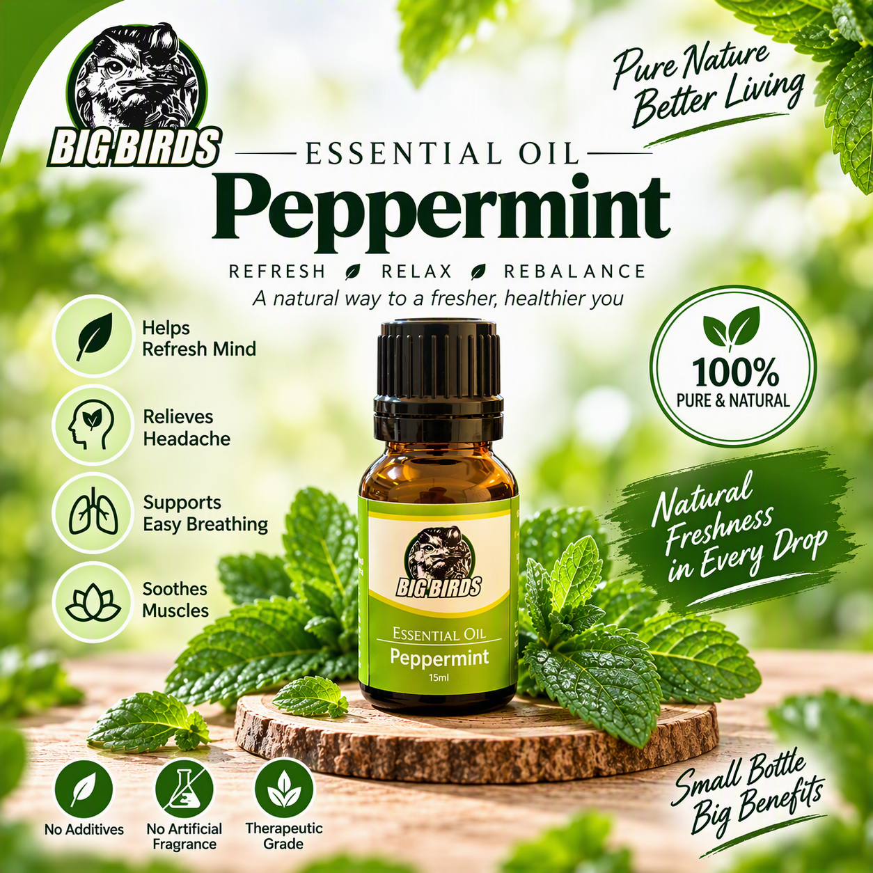 Peppermint Essential Oil 15ml(Diluted with Extra virgin Oilive oil)